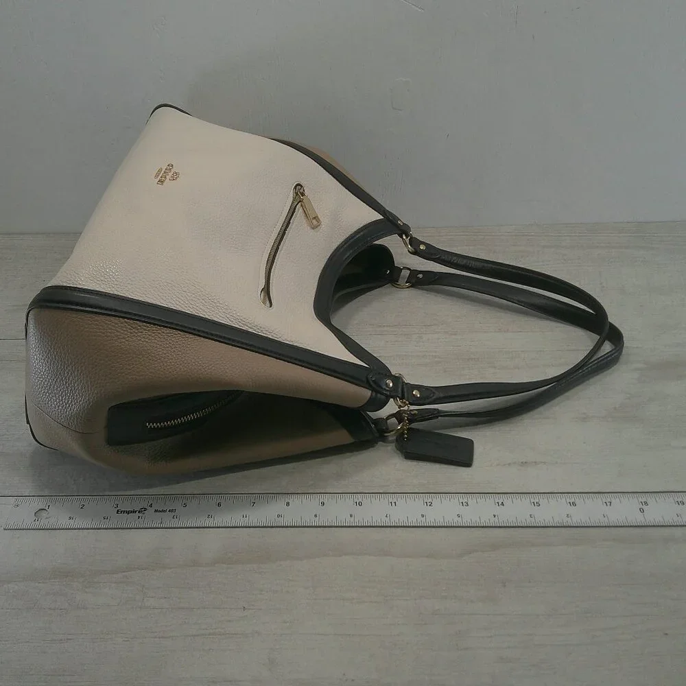 Coach Kristy Tan Cream Black Colorblock Old Money Leather Shoulder Bag Purse